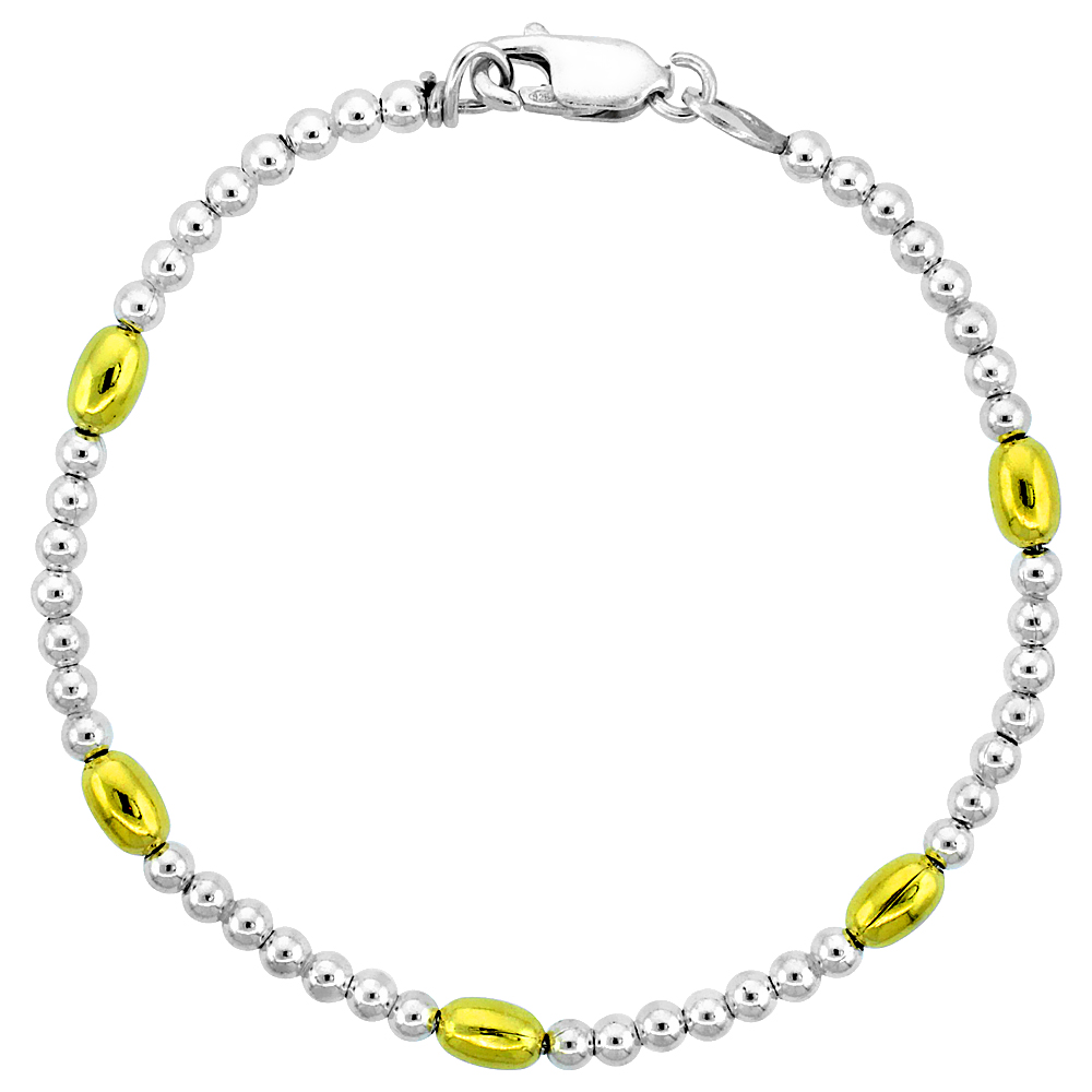 Sterling Silver Polished Bead Bracelet w/ Gold Finish (Available in 7 in. & 8 in.), 5/32 in. (4 mm) wide