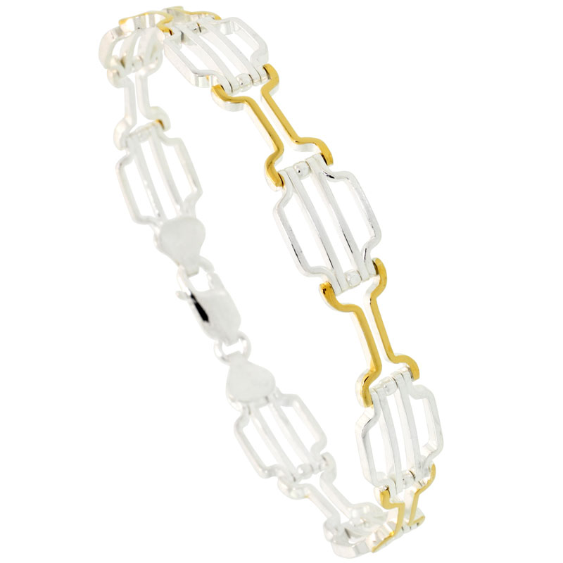 Sterling Silver Striped Bar Link Bracelet w/ Gold Finish (Available in 7 in. & 8 in.), 7/16 in. (11 mm) wide