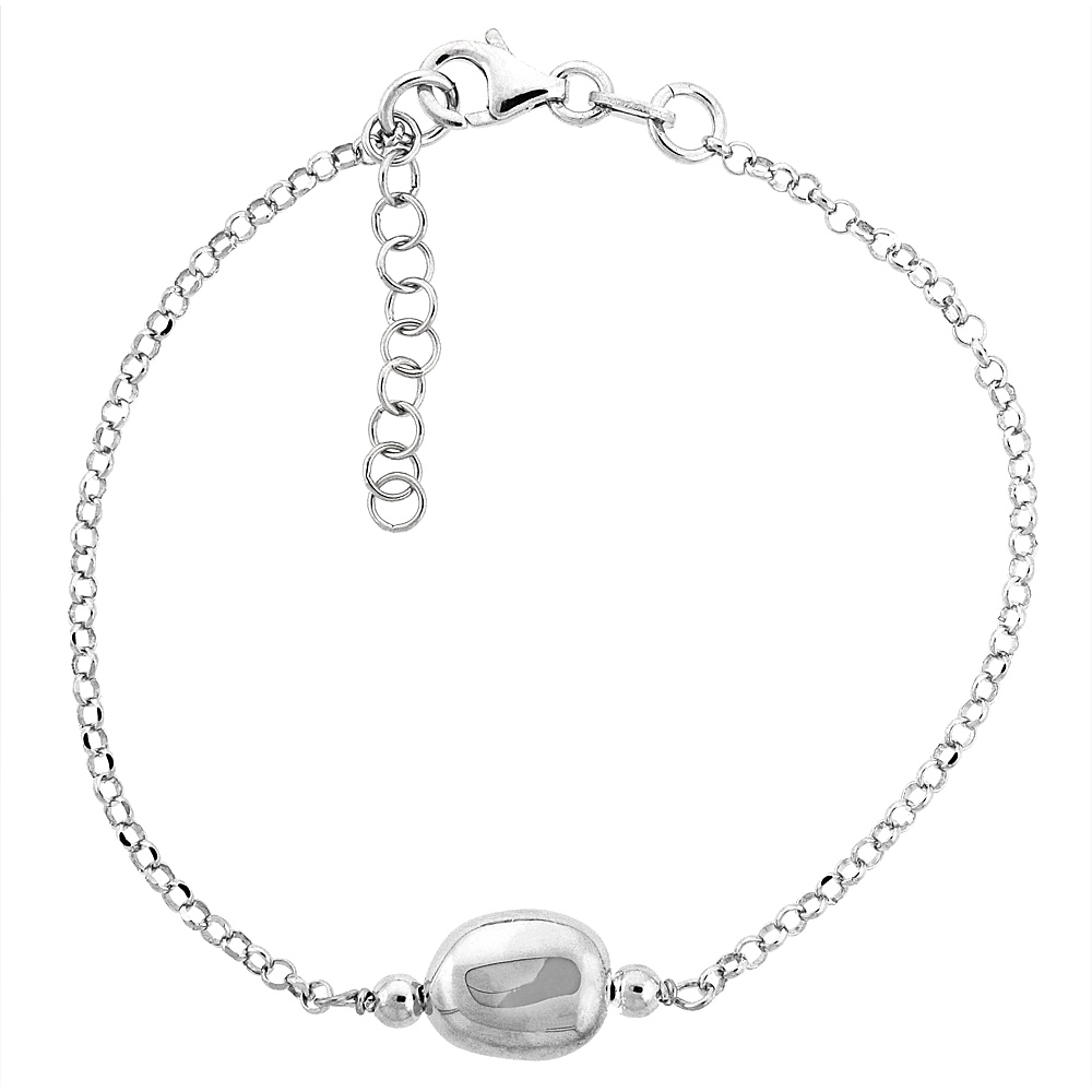 Sterling Silver Flat Mirror Bead Bracelet, 7.5 inch long + 1 inch extension
