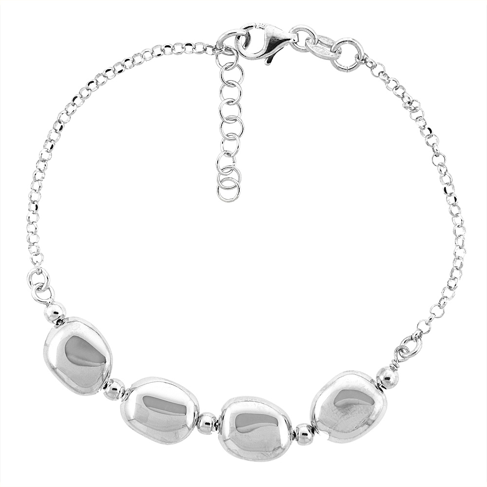 Sterling Silver Flat Mirror Bead Bracelet, 7 inch long + 1 inch extension