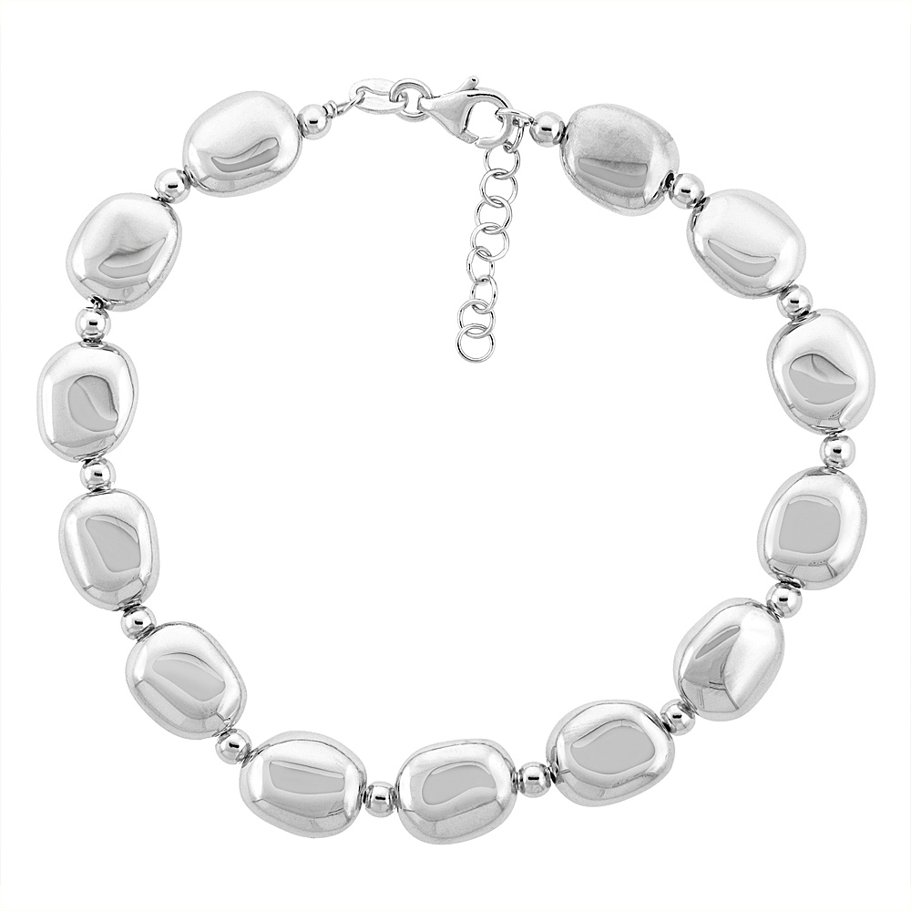 Sterling Silver Single Flat Mirror Bead Bracelet, 6.5 inch long + 1 inch extension