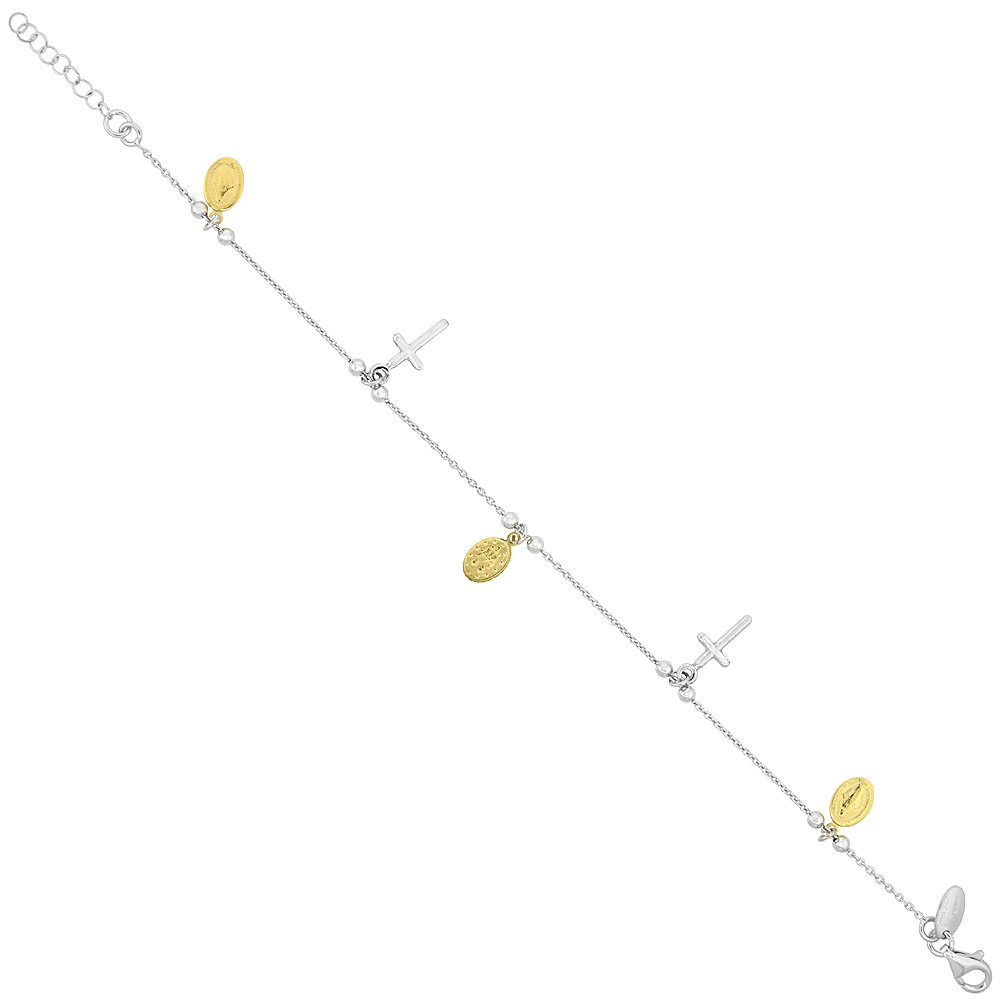 Sterling Silver Miraculous Medal Bracelet with Crosses Two-tone Gold Finish Italy 7 - 8 inch