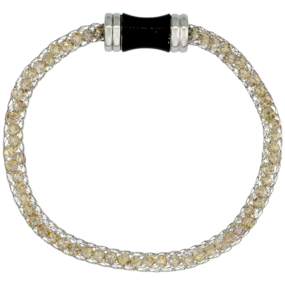 Stainless Steel Peach Crystal Mesh Bracelet For Women Magnetic Clasp 7.5 inch long