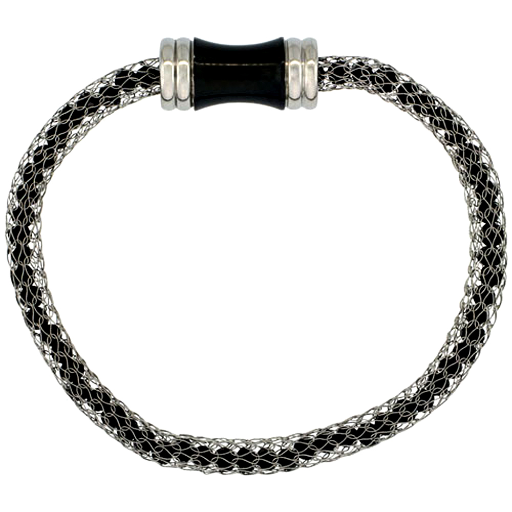 Stainless Steel Black Crystal Mesh Bracelet For Women Magnetic Clasp 7.5 inch long