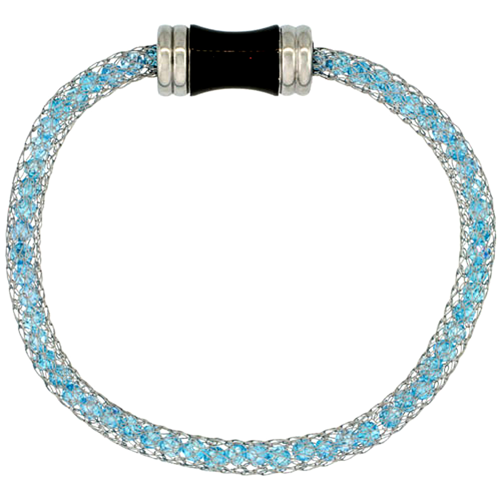 Stainless Steel Blue Topaz Crystal Mesh Bracelet For Women Magnetic Clasp 7.5 inch long