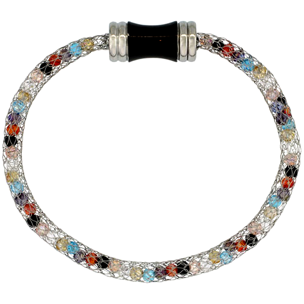 Stainless Steel Multi-color Crystal Mesh Bracelet For Women Magnetic Clasp 7.5 inch long