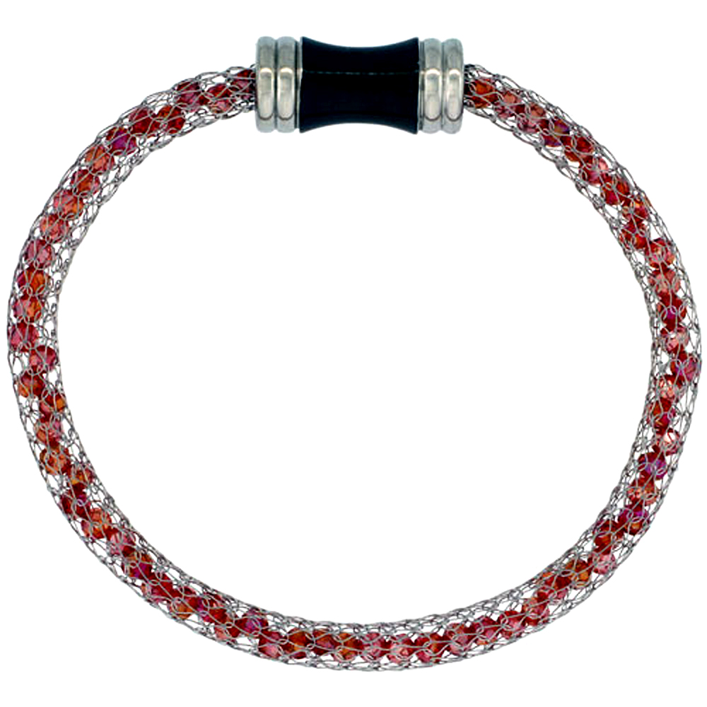 Stainless Steel Ruby-red Crystal Mesh Bracelet For Women Magnetic Clasp 7.5 inch long