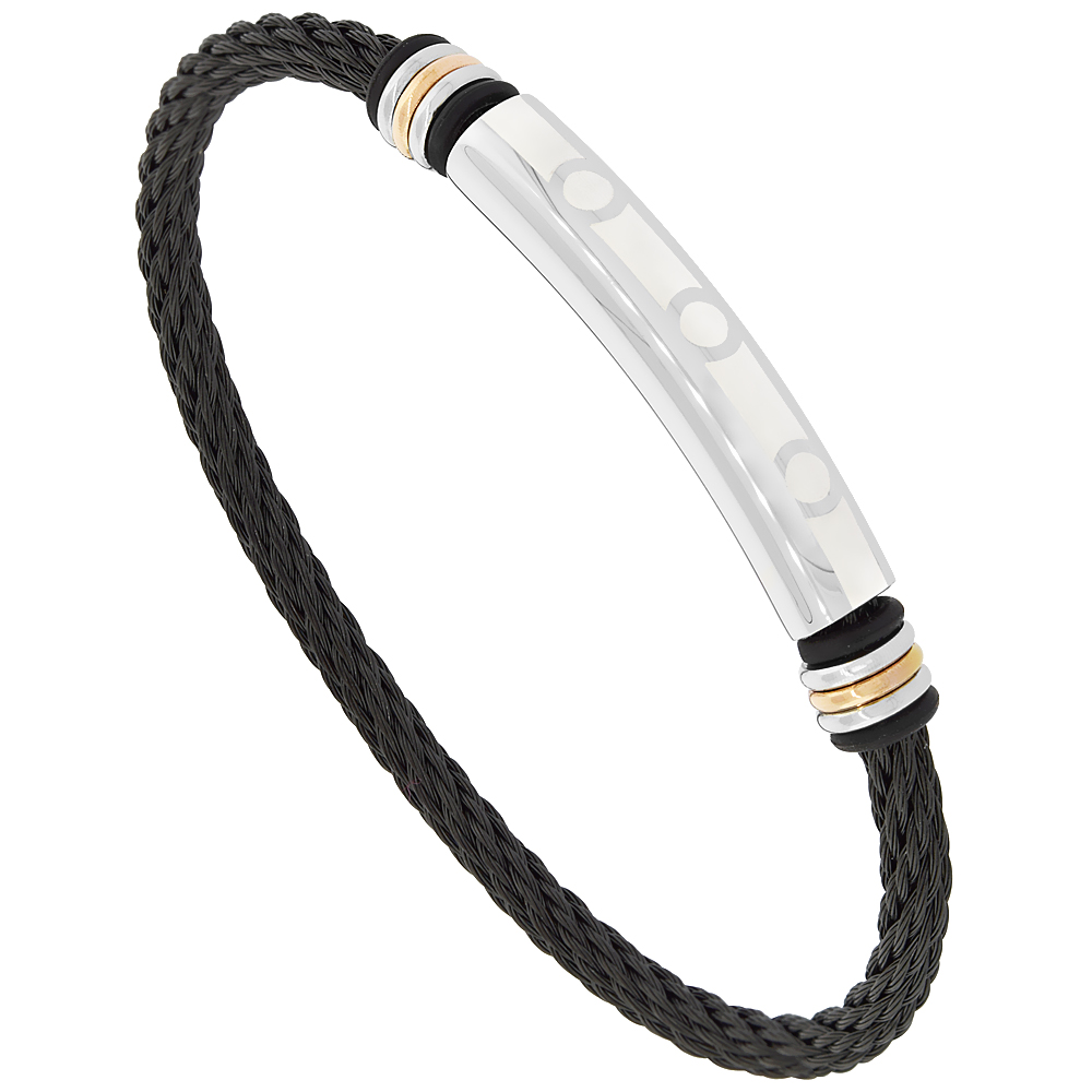Stainless Steel Black Wire Bangle Bracelet Tube Center & Magnetic Clasp, fits 8 inch wrists