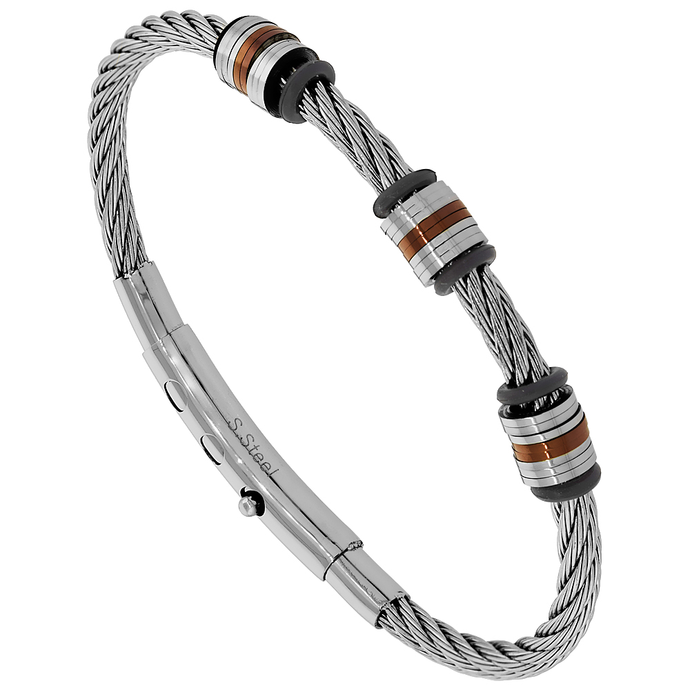 Stainless Steel Adjustable Wire Bangle Bracelet 3-Station Polished, fits 8 - 8.5 inch wrists
