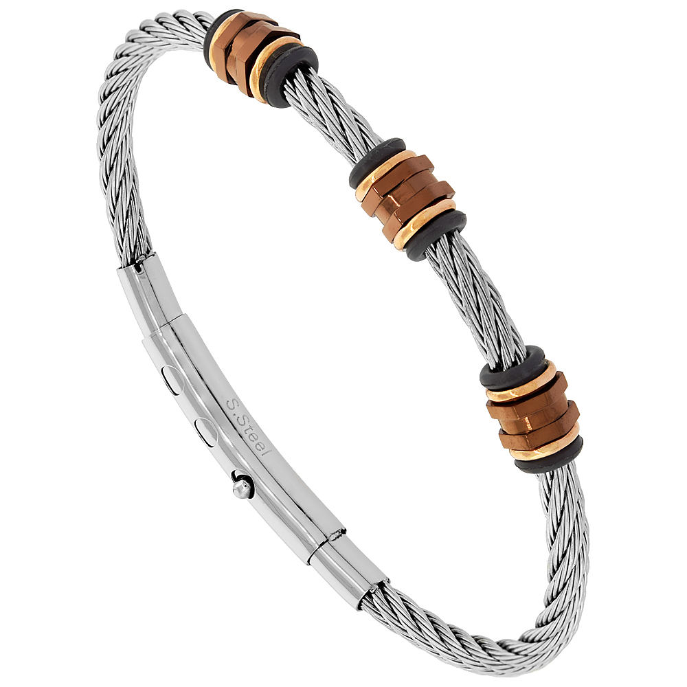 Stainless Steel Adjustable Wire Bangle Bracelet 3-Station Brown tones, fits 8 - 8.5 inch wrists