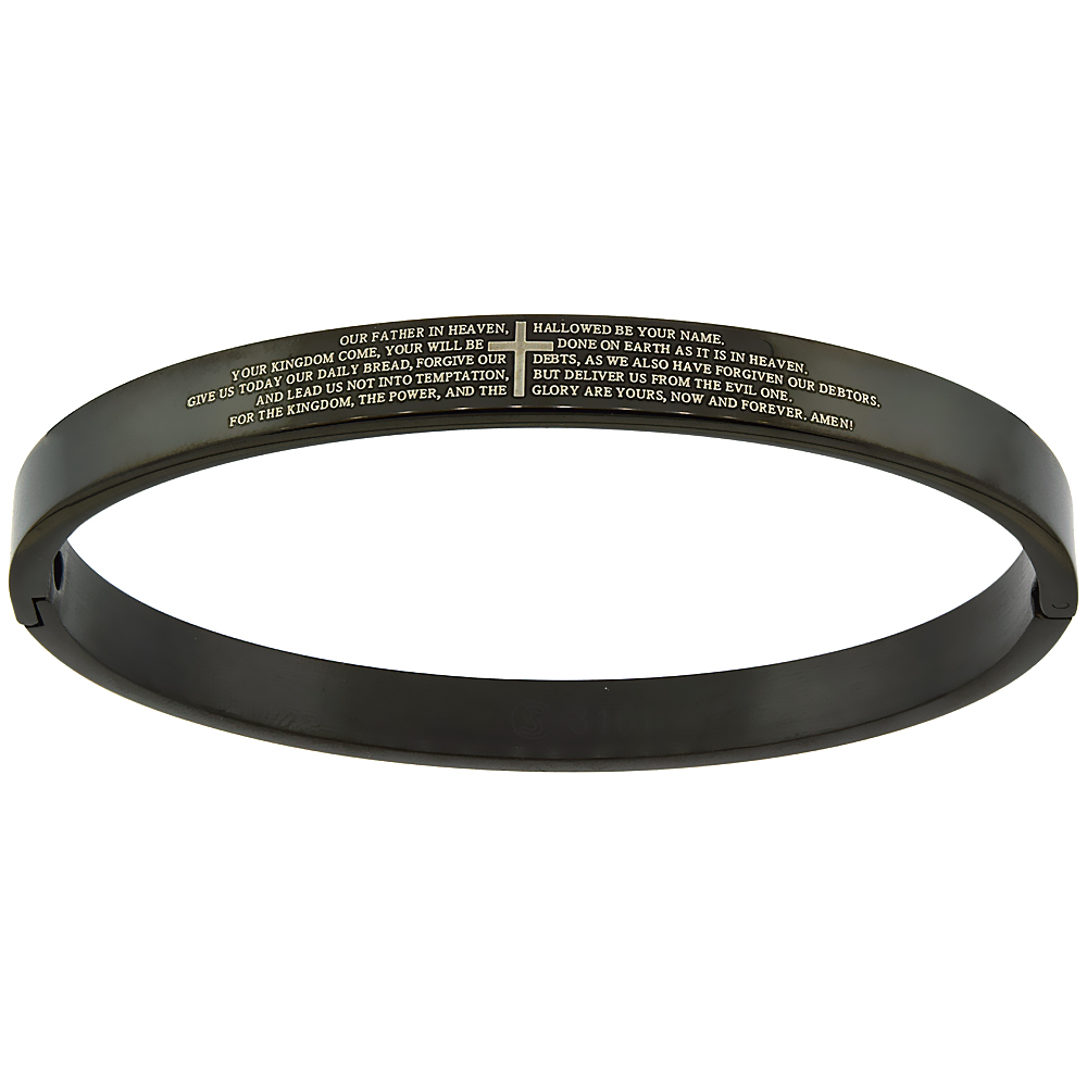 Stainless Steel Lords Prayer Bangle Bracelet for Women Oval Black 1/4 inch wide, fits 7 inch wrists