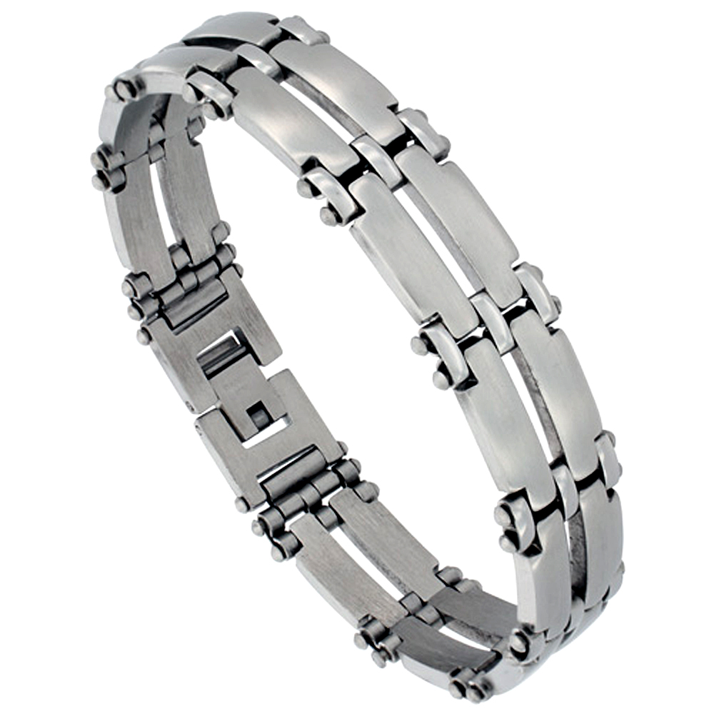 Stainless Steel Double Row Bar Link Bracelet For Men Satin Finish 1/2 inch wide, 8 inches long