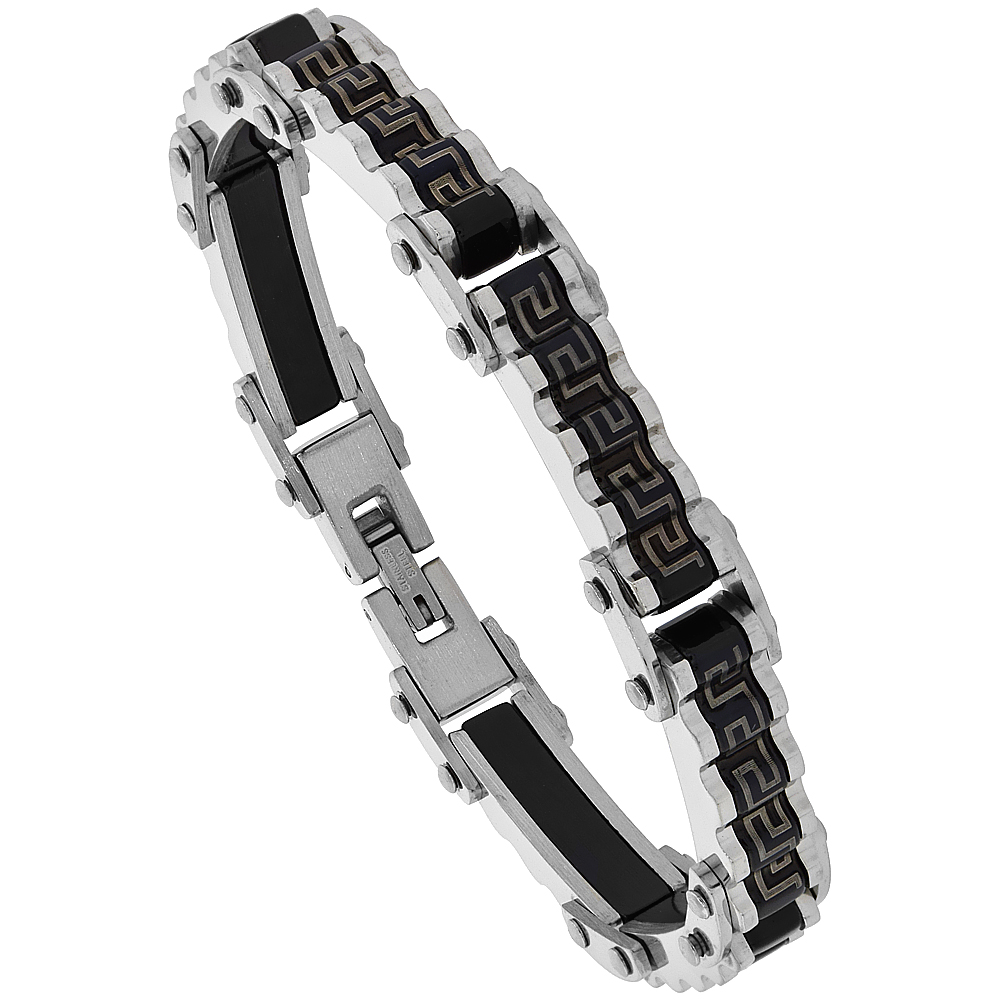 Stainless Steel Greek Key Design Bicycle Chain Bracelet Blackened 7/16 inch wide