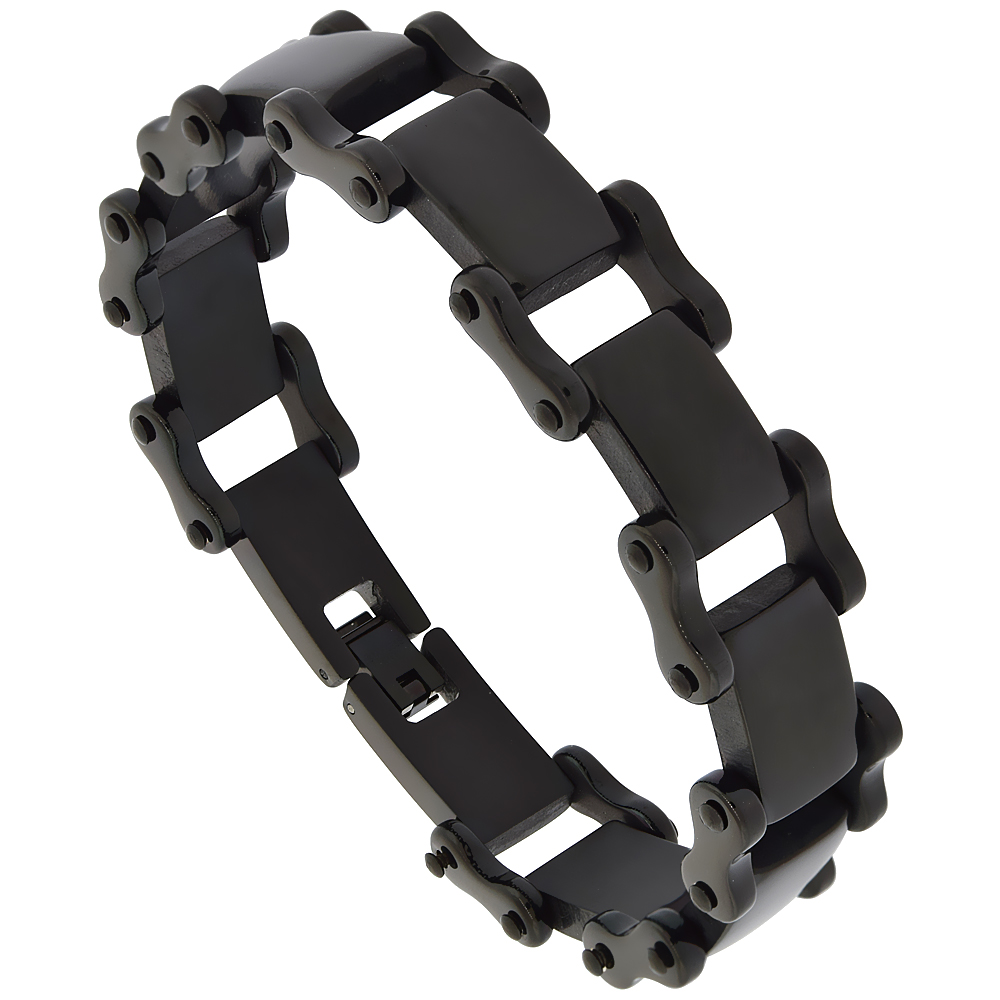 Stainless Steel Black Bicycle Link Bracelet 3/4 inch wide, 8.75 inches long