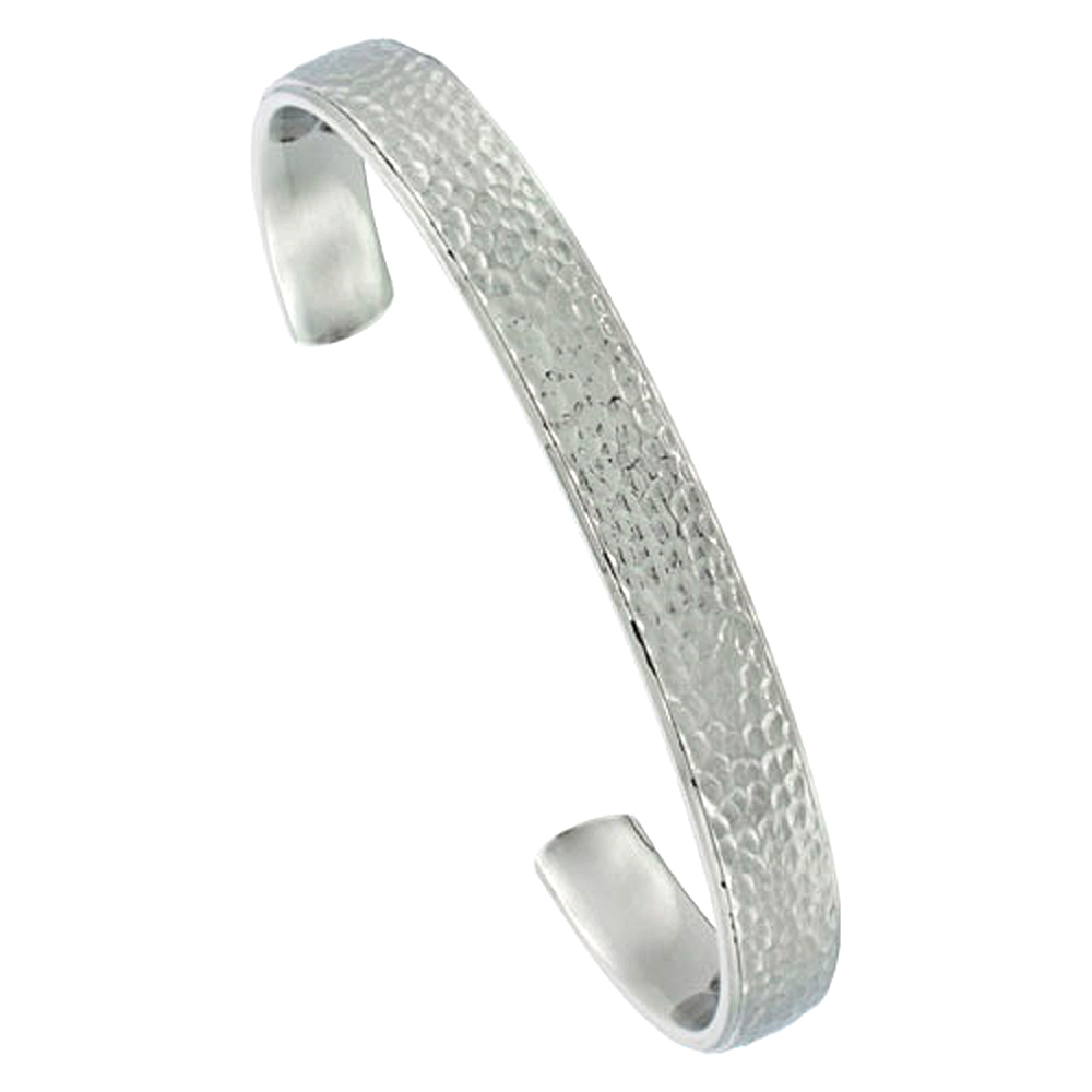 Stainless Steel Cuff Bracelet Flat Hammered Polish finish Comfort-fit long 5/16 inch wide, Fits 7 1/4 inch wrists
