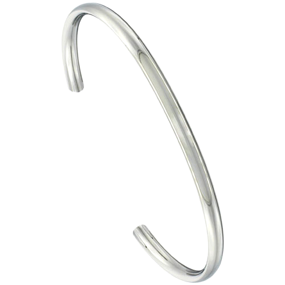 Stainless Steel Cuff Bracelet Domed Highly Polished Comfort-fit 3/16 inch wide, Fits 7 1/4 inch wrists