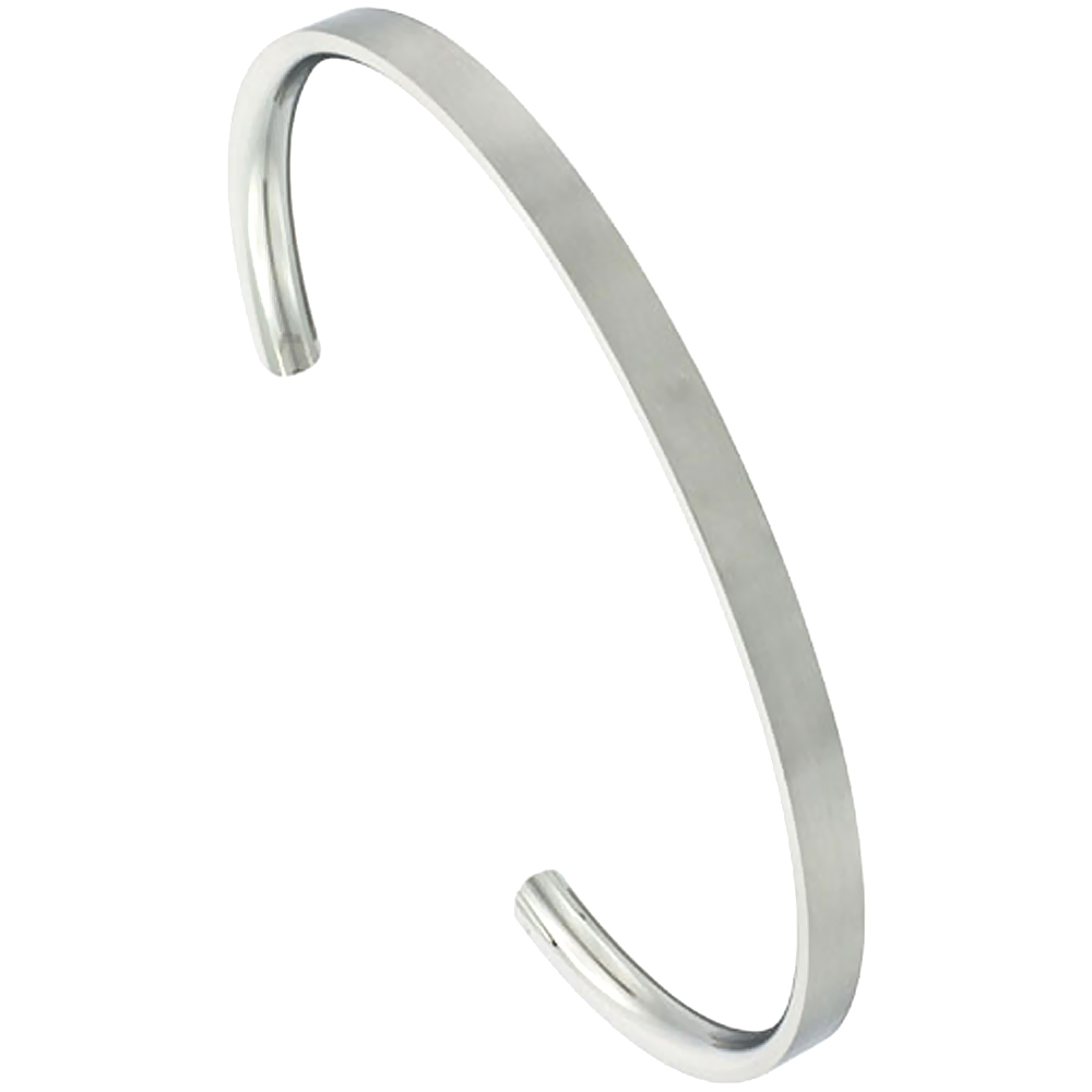 Stainless Steel Cuff Bracelet Flat Matte finish Comfort-fit 3/16 inch wide, Fits 7 1/4 inch wrists