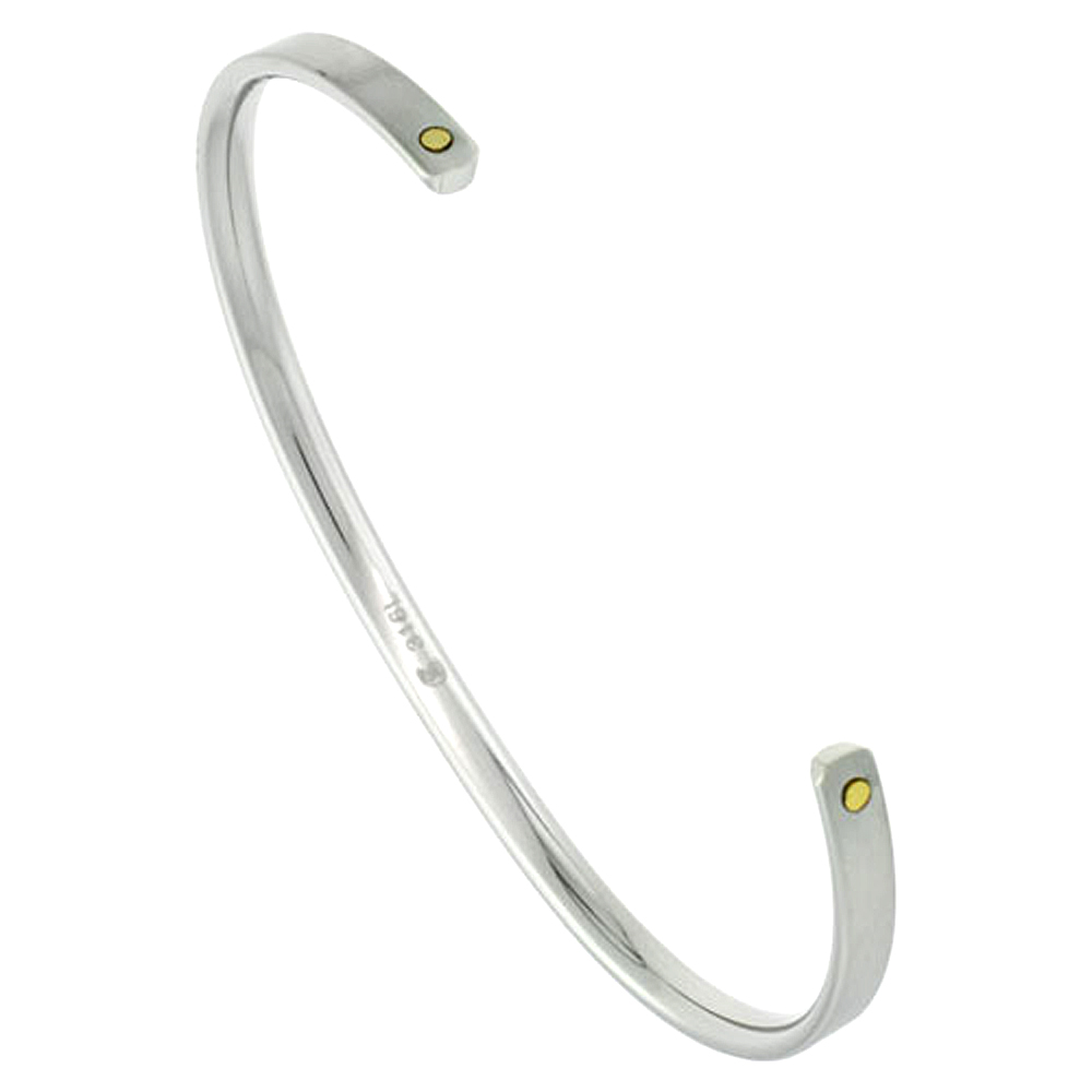 Stainless Steel Cuff Bracelet Flat Gold Dot Ends Matte finish Comfort-fit 3/16 inch wide, Fits 7 1/4 inch wrists