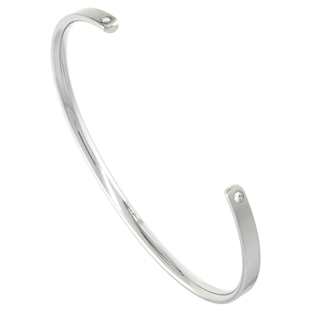 Stainless Steel Cuff Bracelet Flat CZ Stone Ends Matte finish Comfort-fit 3/16 inch wide, Fits 7 1/4 inch wrists