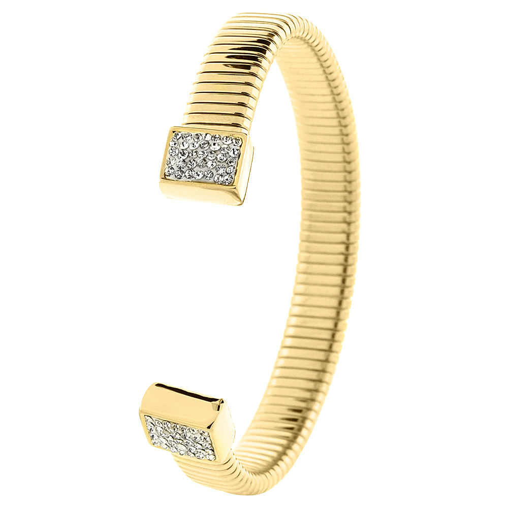 Stainless Steel Flat Gas Pipe Cuff Bracelet for Women CZ End Caps Gold Tone 10mm wide, fits 7 inch wrists