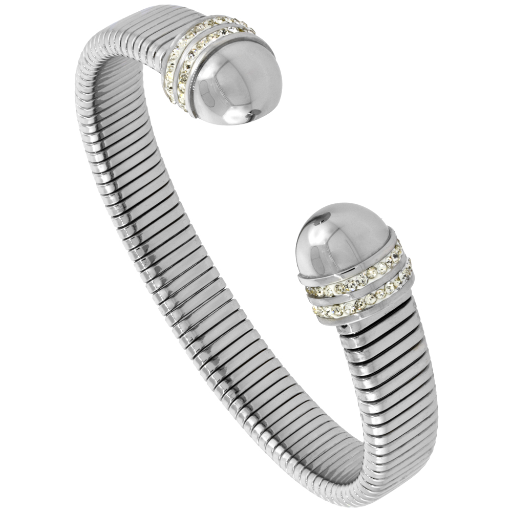 Stainless Steel High Polished Ribbed Flexible Cuff Bangle Bracelet CZ Round Ends 12mm wide, fits 7 inch wrists