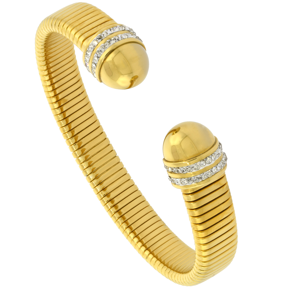 Stainless Steel Yellow Gold Tone Ribbed Flexible Cuff Bangle Bracelet CZ Round Ends 12mm wide, fits 7 inch wrists
