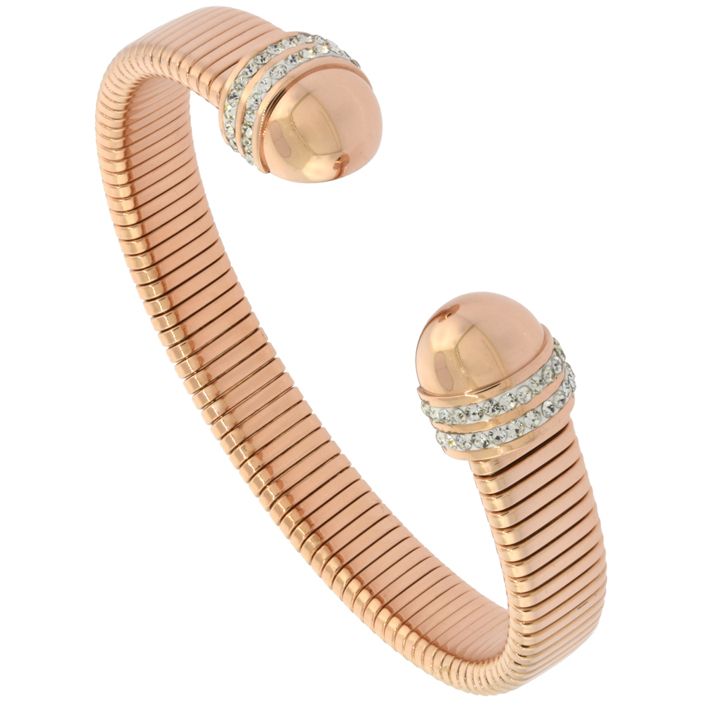 Stainless Steel Rose Gold Tone Ribbed Flexible Cuff Bangle Bracelet CZ Round Ends 12mm wide, fits 7 inch wrists