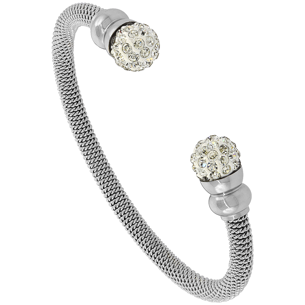 Stainless Steel Mesh Cuff Bracelet Crystal Ball Accents Polished Finish, 3/16 inch wide