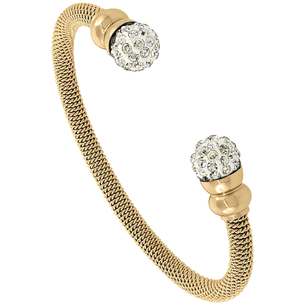 Stainless Steel Mesh Cuff Bracelet Crystal Ball Accents Yellow Gold Plated, 3/16 inch wide
