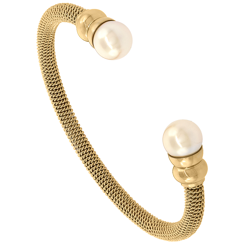Stainless Steel Mesh Cuff Bracelet Faux Pearl Accents Yellow Gold Plated, 3/16 inch wide