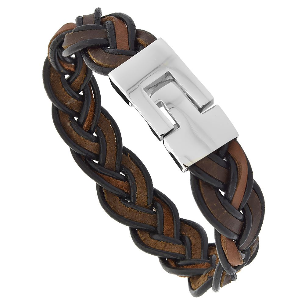 Two-tone Brown Leather Bracelet Wide Braid for Men Stainless Steel Clasp 18 mm 8.5 inches long