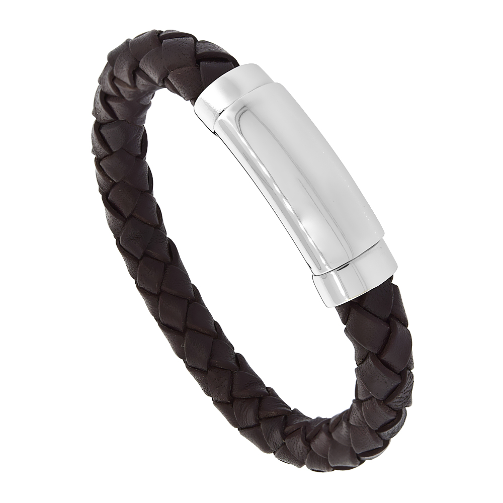 Brown Leather Braid Bracelet for Men Stainless Steel Buckle Clasp 9 mm, 8 inches long