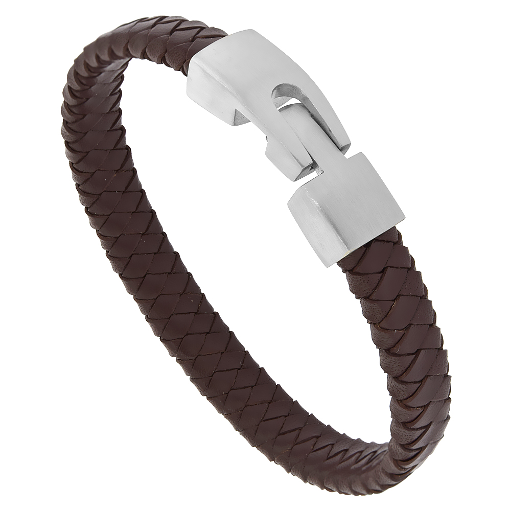 Brown Leather Bracelet Flat Braid for Men Stainless Steel Clasp 10 mm 8.5 inches long