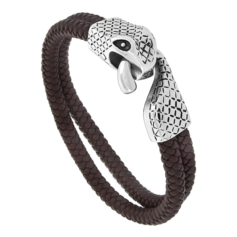 Brown Leather Bracelet 2-Strand Braid Bracelet for Men Stainless Steel Snake Clasp 13 mm 8.5 inches long