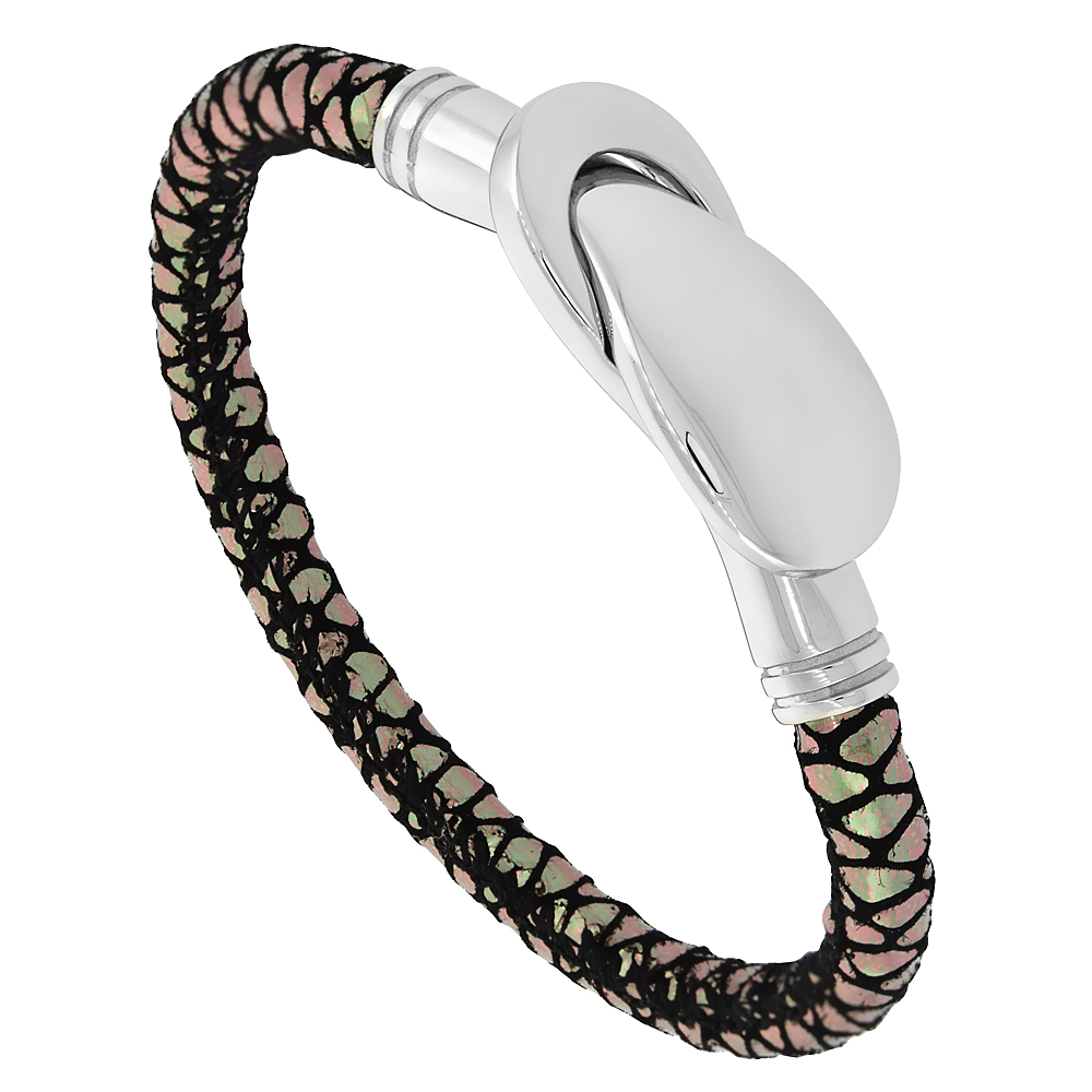 Black Leather Bracelet Metallic Design Stainless Steel Magnetic Clasp 5 mm, 7.5 inches long