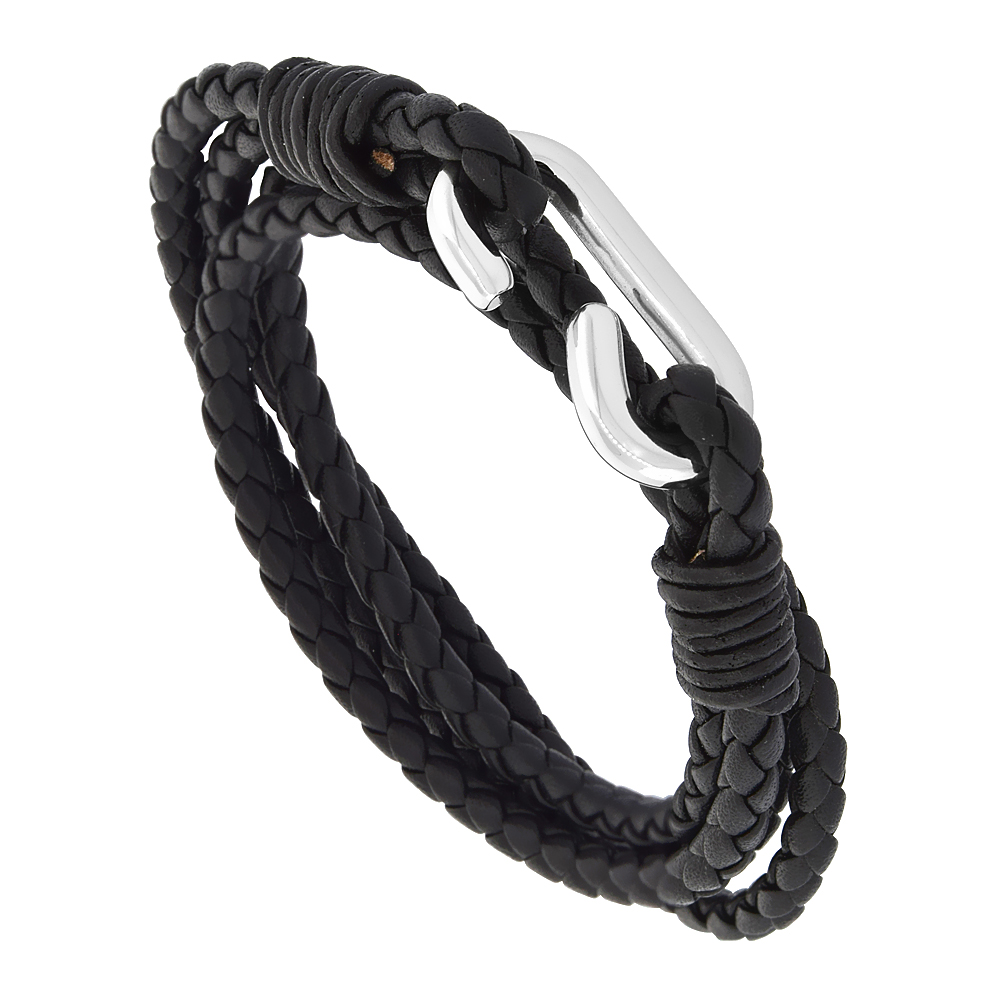 Black Leather Wrap Bracelet Rope Stainless Steel Hook Clasp 16 mm fits 6.5 - 8 inches long