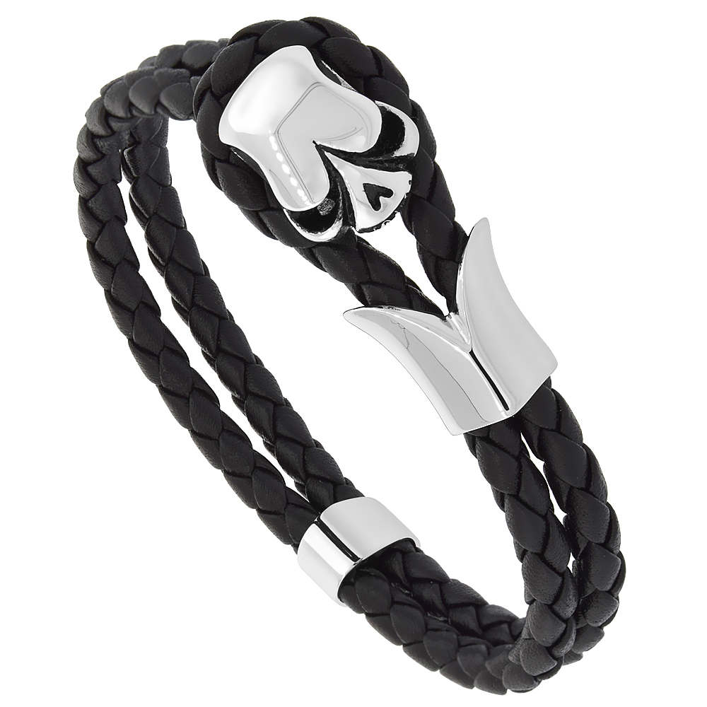 Black Leather Bracelet 2-Strand Rope Stainless Steel Skull Toggle Clasp 10 mm 8.5 inches long