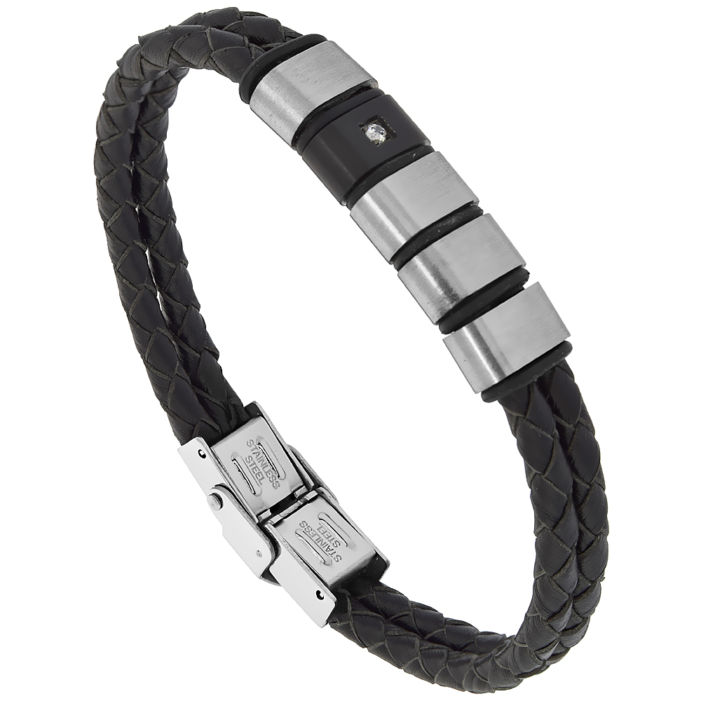 Black Leather Bracelet Braided 2-Row Cubic Zirconia & Stainless Steel Findings, fits 8 inch wrists