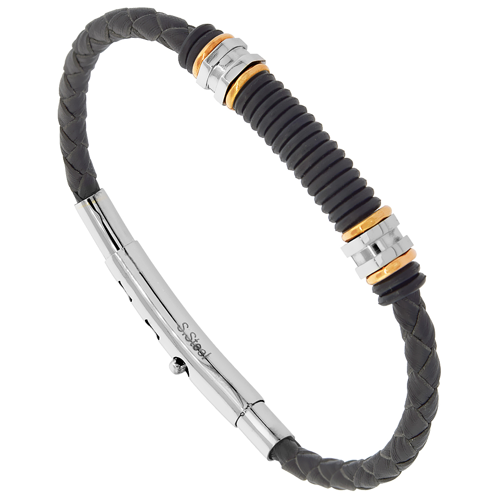 Black Adjustable Leather Braided Bracelet Stainless Steel & Rubber Findings, fits 7.5 - 8 inch wrists