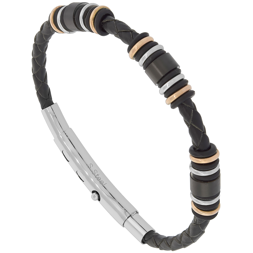 Black Adjustable Leather Braided Station Bracelet Stainless Steel & Rubber Findings, fits 7.5 - 8 inch