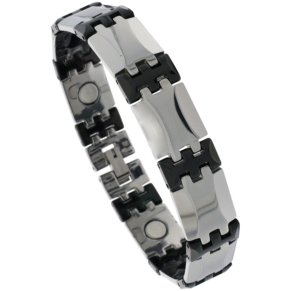 Tungsten Carbide & Ceramic Germanium Magnetic Bracelet for Men 2-Tone Gun Metal & Black Bar Links 1/2 inch wide