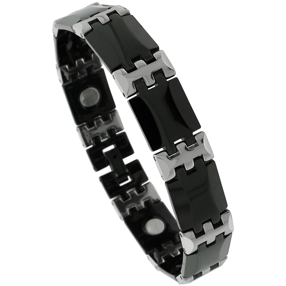 Tungsten Carbide & Ceramic Germanium Magnetic Bracelet for Men 2-Tone Black & Gun Metal Bar Links 1/2 inch wide