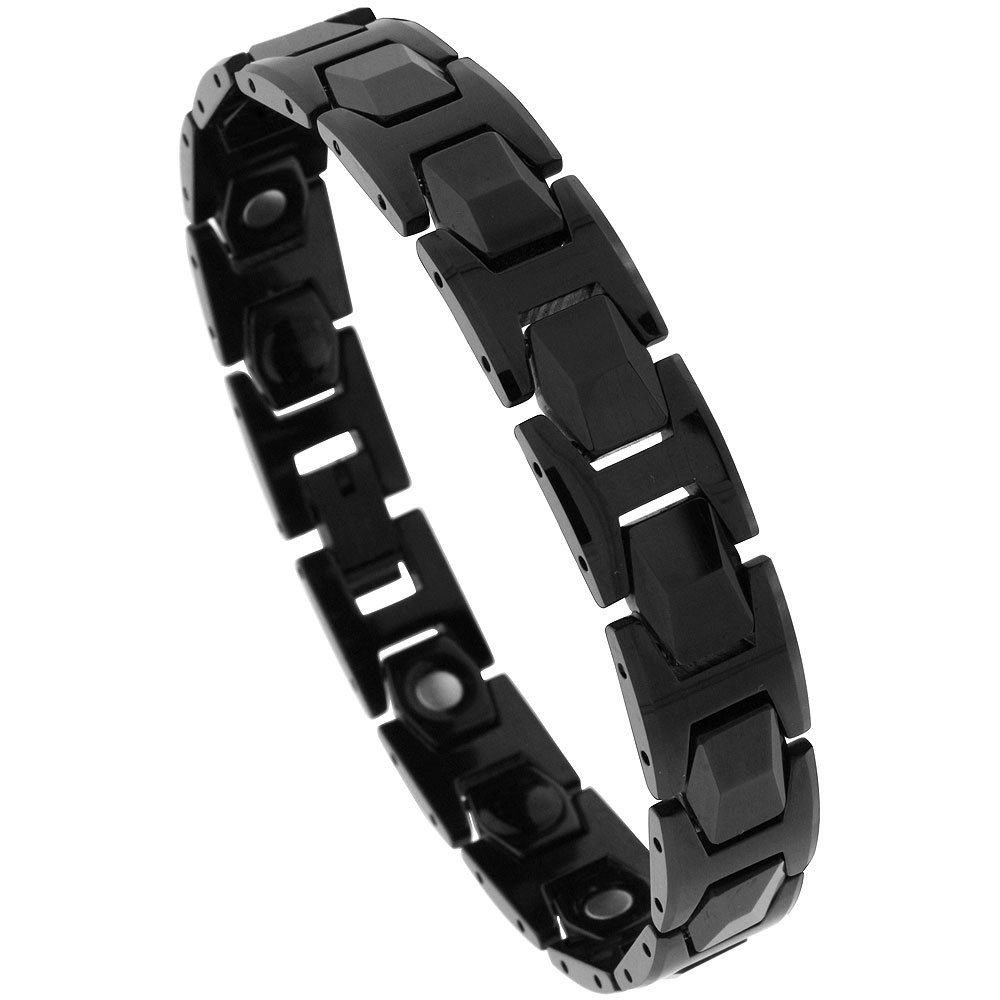 Tungsten Carbide Black Germanium Magnetic Bracelet for Men Faceted Hexagon Links 1/2 inch wide