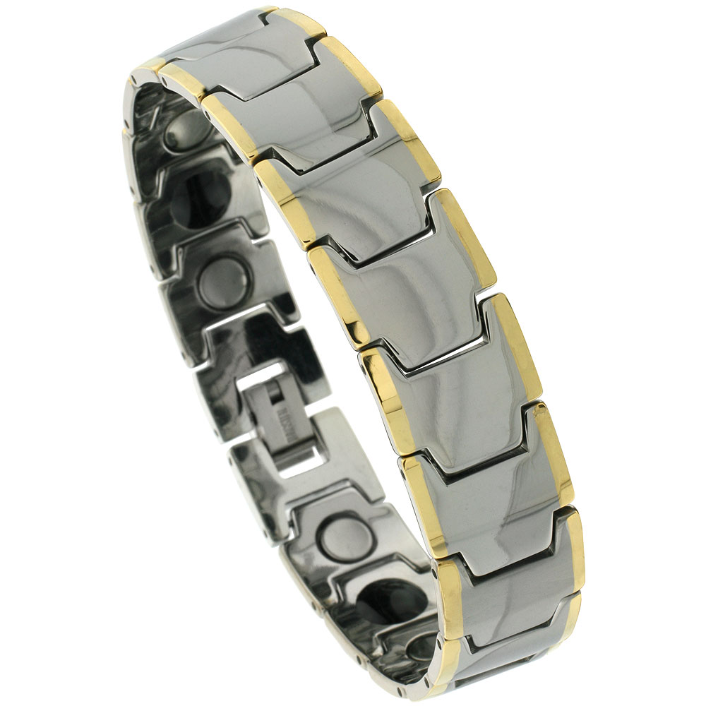 Tungsten Carbide Germanium Magnetic Bracelet for Men Gold-tone Edge Bar Links 5/8 inch wide