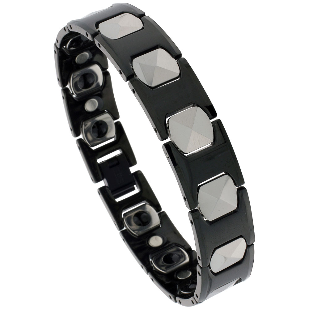 Tungsten Carbide & Ceramic Germanium Magnetic Bracelet for Men 2-Tone Black & Gun Metal Triangular Faceted Cushion Links 1/2 inch wide