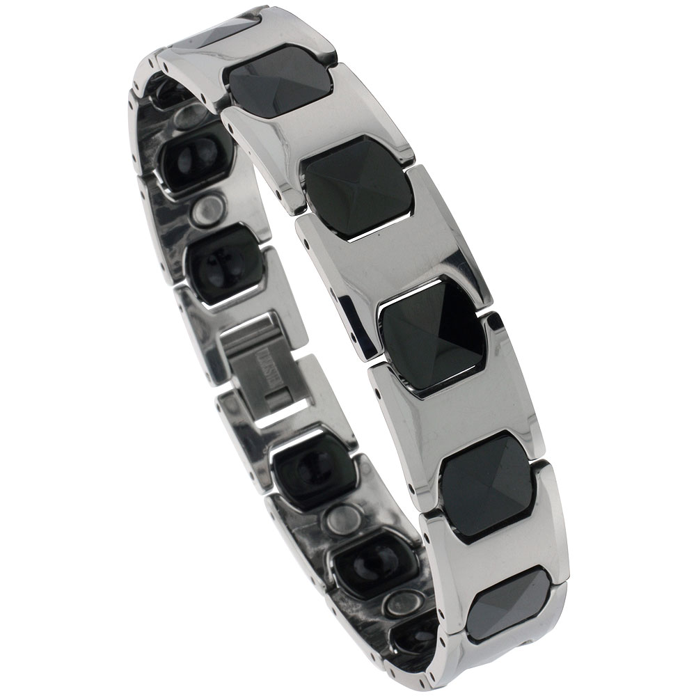 Tungsten Carbide & Ceramic Germanium Magnetic Bracelet for Men 2-Tone Gun Metal & Black colors 1/2 inch wide