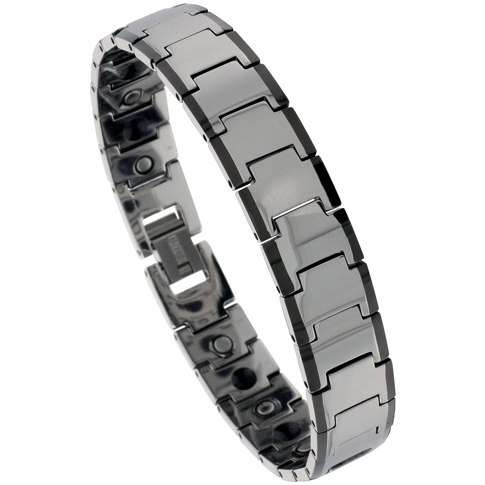 Tungsten Carbide Germanium Magnetic Bracelet for Men Black Edge Bar Links 1/2 inch wide