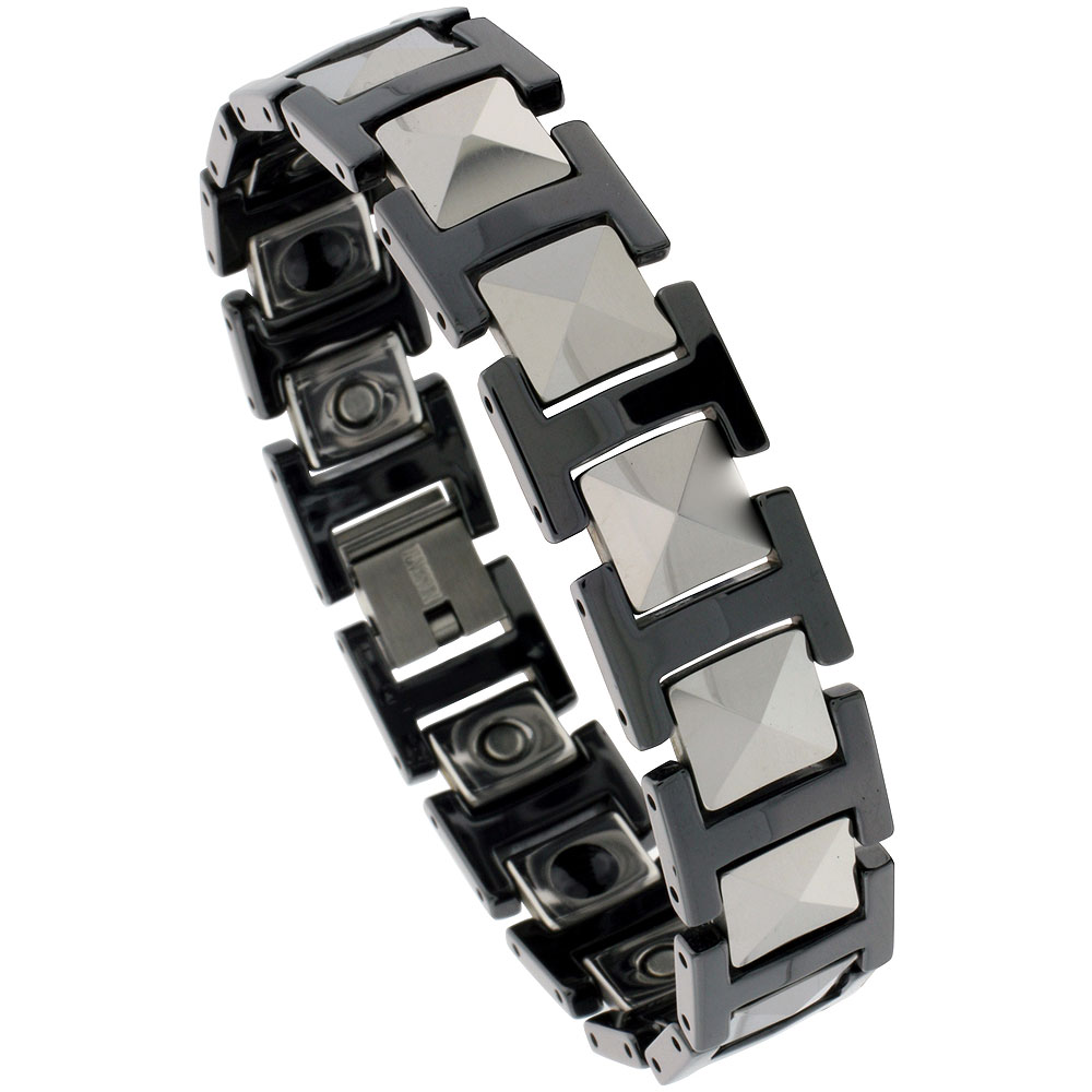 Tungsten Carbide & Ceramic Germanium Magnetic Bracelet for Men 2-Tone Black Faceted Links 7/16 inch wide