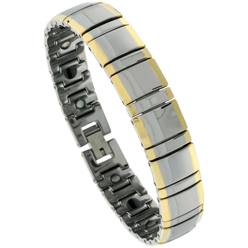 Tungsten Carbide Germanium Magnetic Bracelet for Men Gold-Tone Edge Bar Links 1/2 inch wide