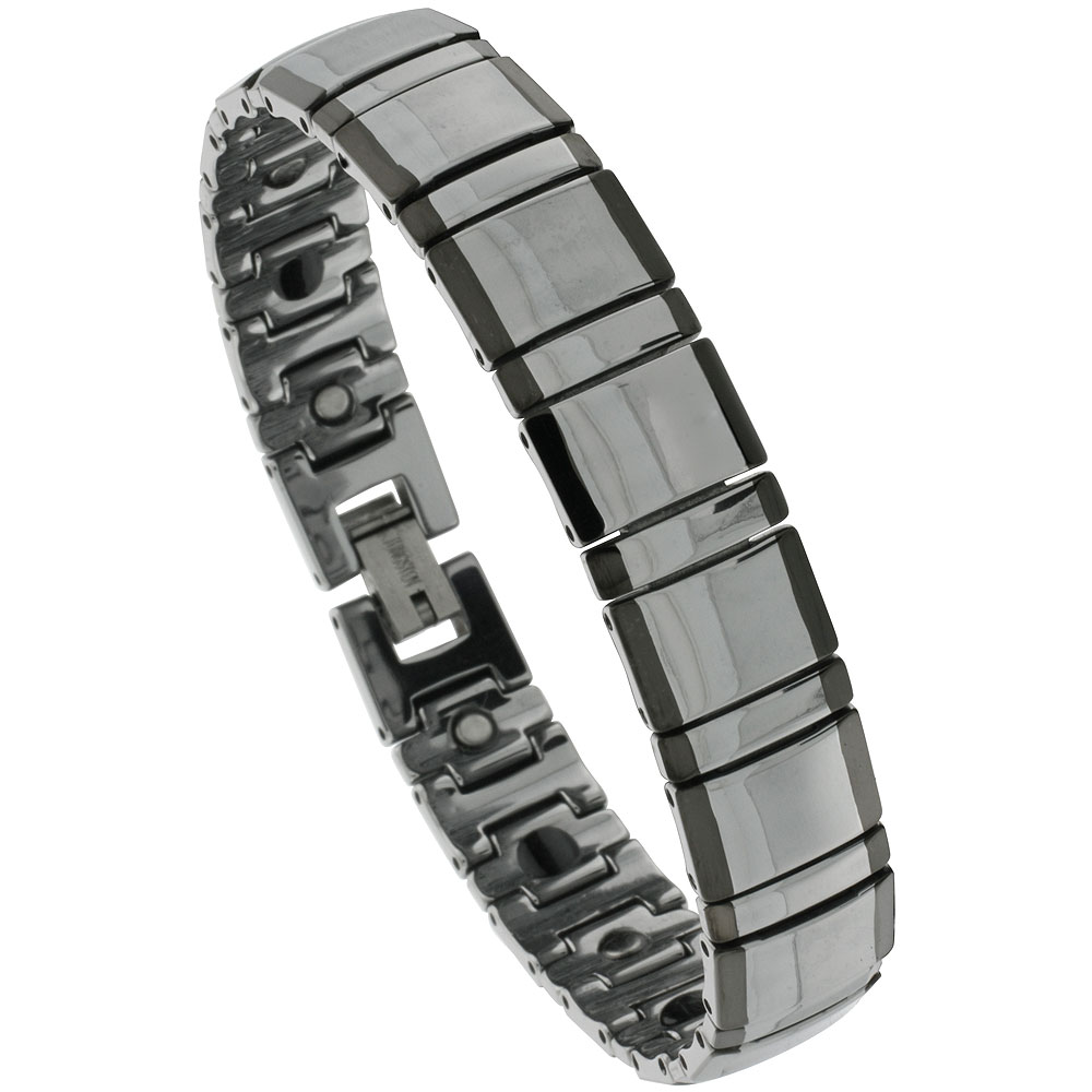 Tungsten Carbide Germanium Magnetic Bracelet for Men Black Edge Bar Links 1/2 inch wide